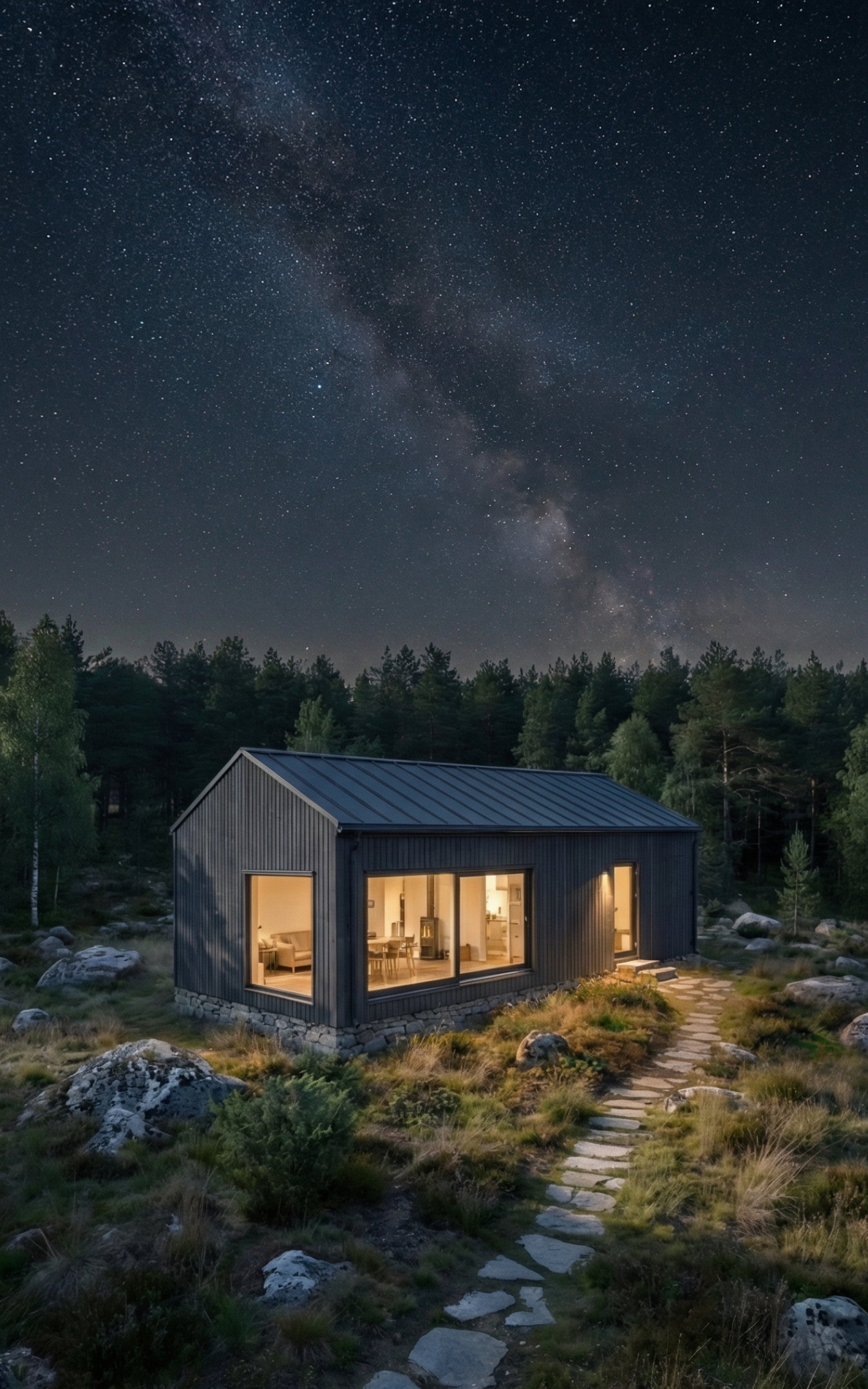 Bergsvik house at night with warm interior lights